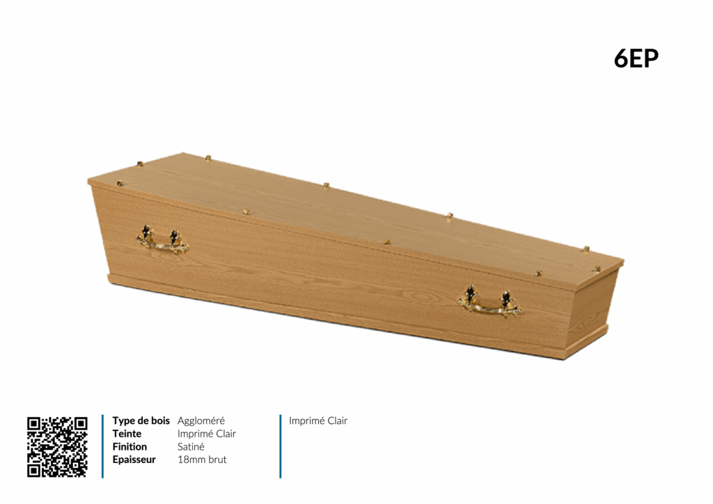 Cercueil en bois aggloméré, finition satinée.