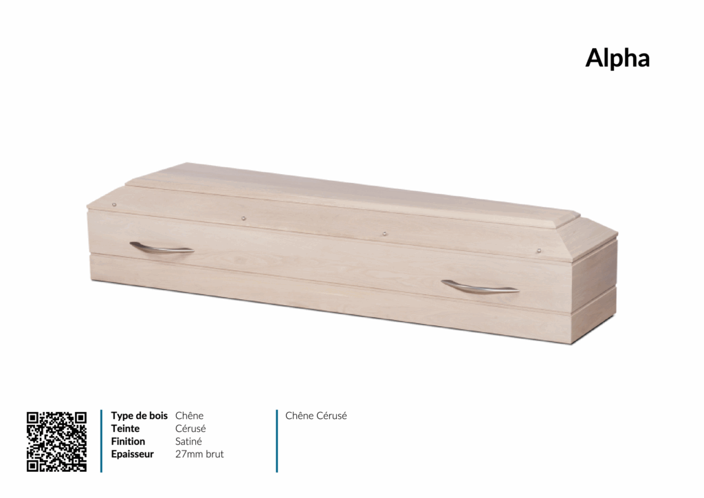 Cercueil chêne cérusé avec poignées métalliques.