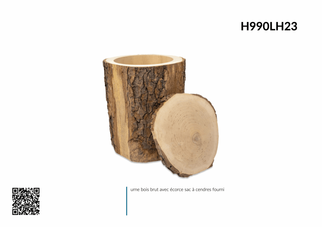 Urne en bois brut avec écorce naturelle.
