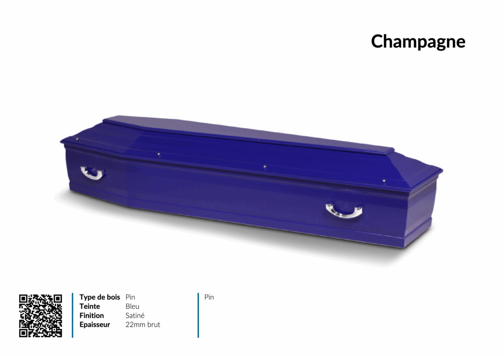 Cercueil bleu en pin, finition satinée.