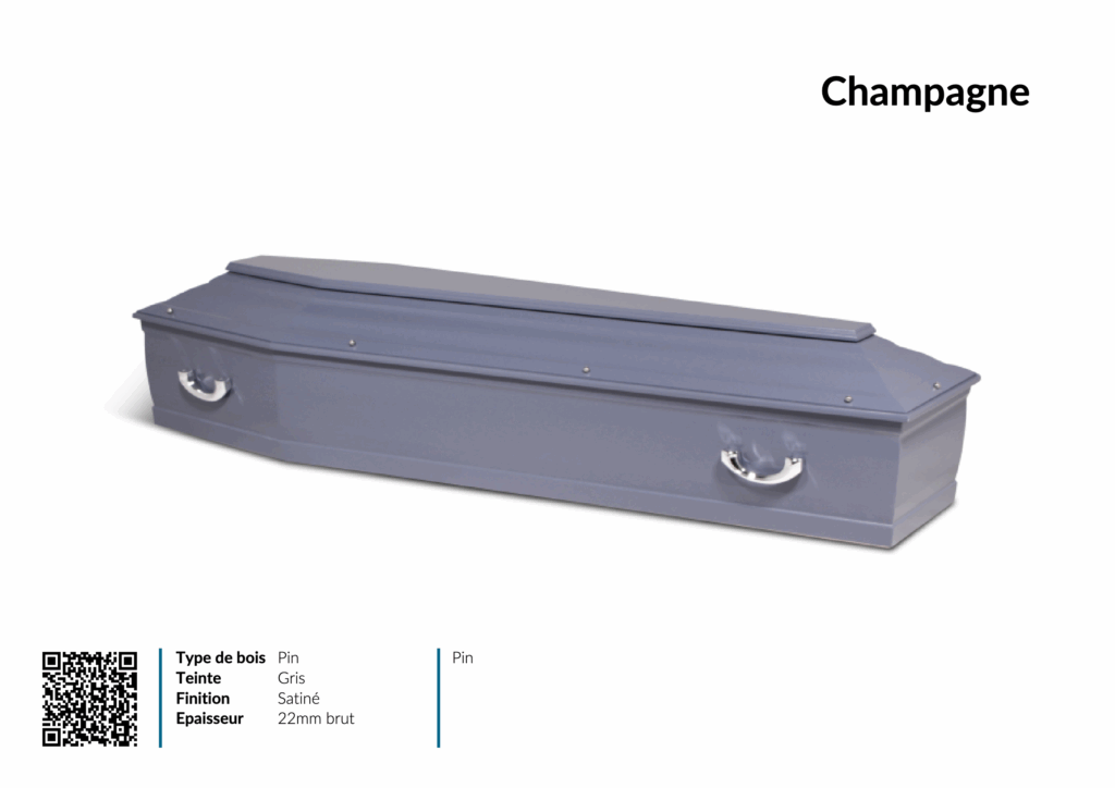 Cercueil en pin gris satiné avec poignées métalliques.