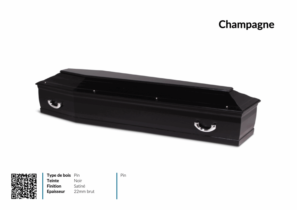 Cercueil noir en bois de pin, finition satinée.