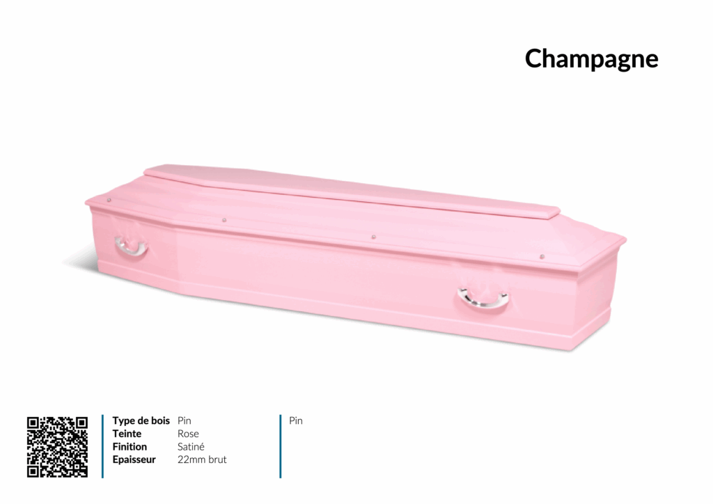 Cercueil rose en bois de pin, finition satinée.