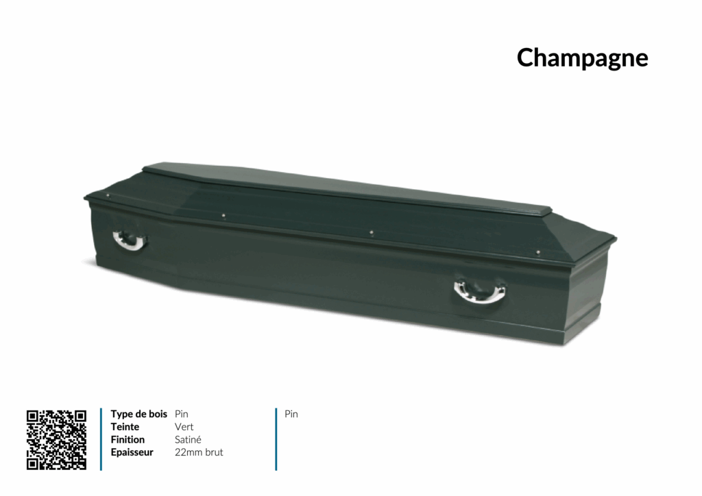 Cercueil vert en bois de pin, finition satinée.