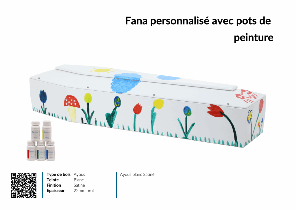 Cercueil décoré avec peintures et pots visibles.