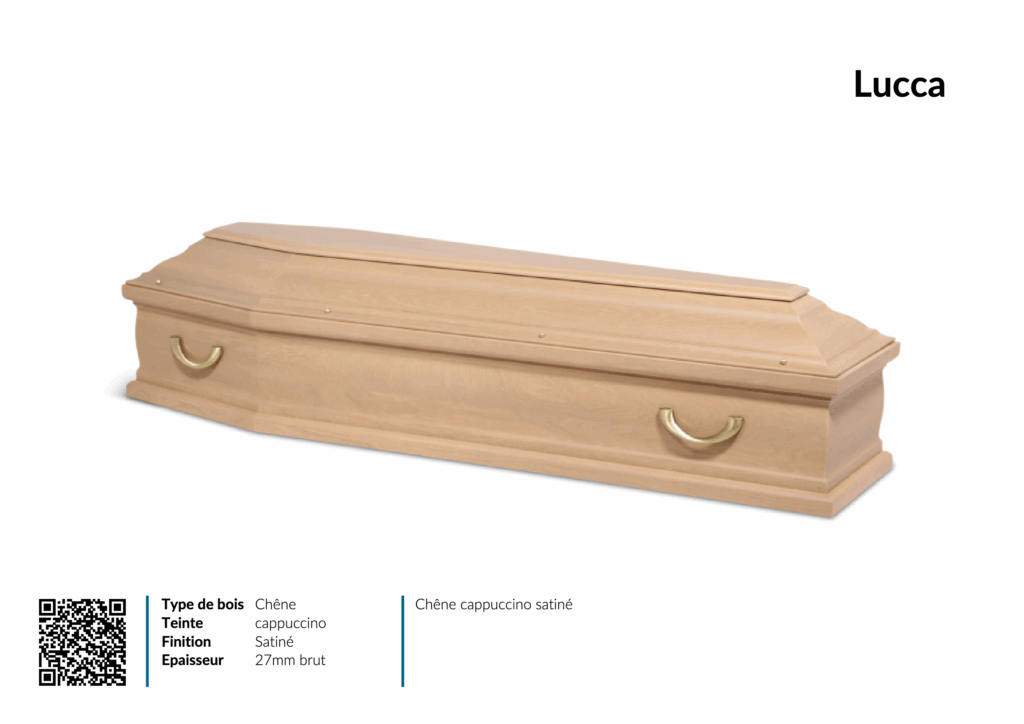 Cercueil chêne cappuccino satiné avec poignées.