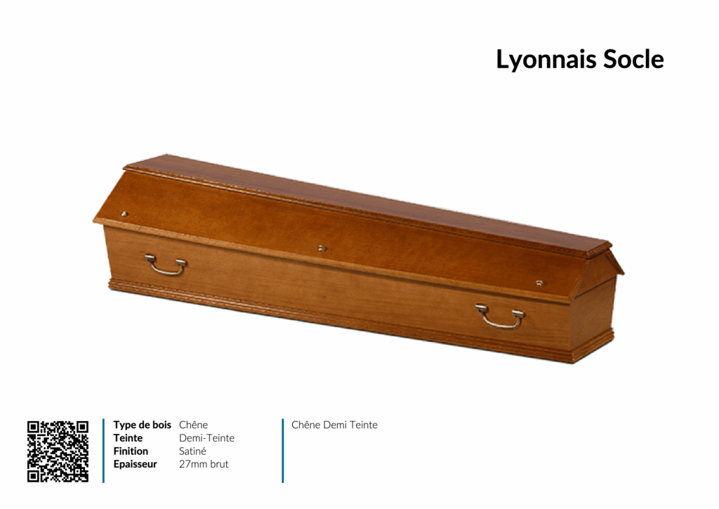 Cercueil en chêne finition satinée demi-teinte.