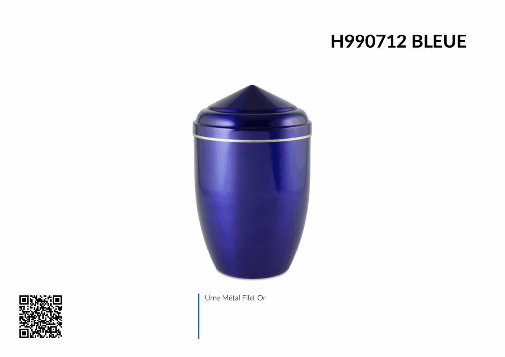 Urne funéraire bleue en métal avec filet or.