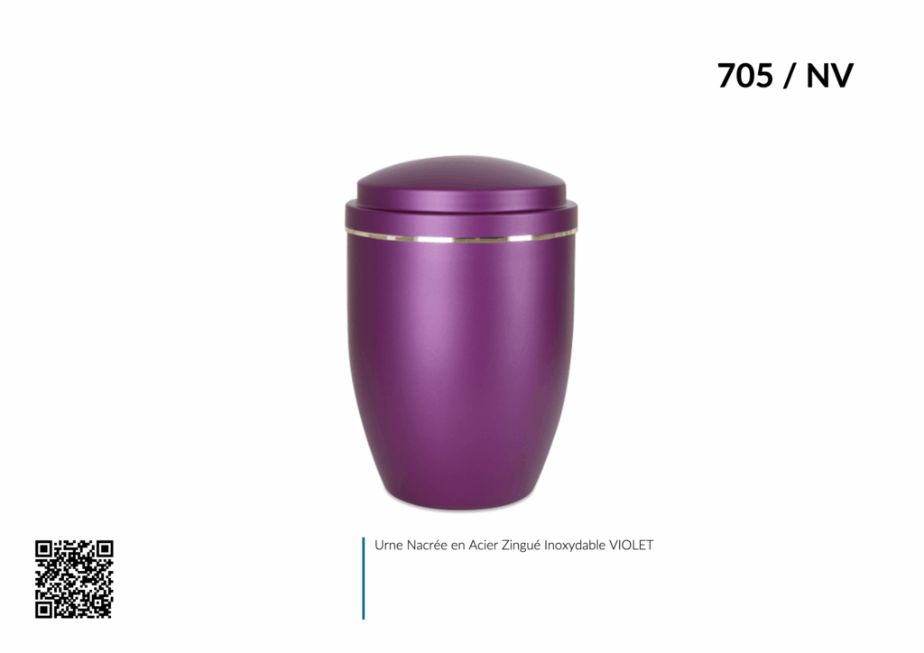Urne nacrée violette en acier inoxydable.