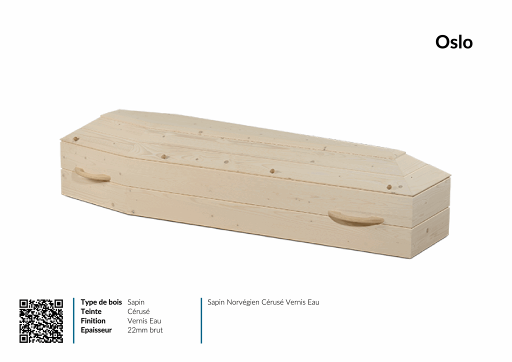 Cercueil en sapin cérusé vernis eau, modèle Oslo.