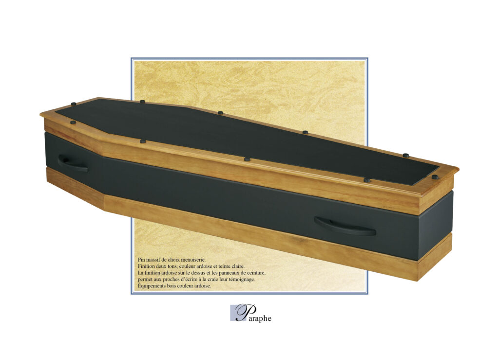 Cercueil en bois avec finition ardoise.