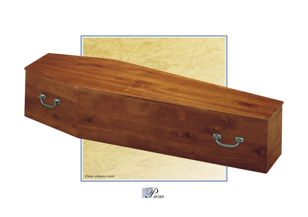 Cercueil en bois chêne teinté avec poignées.