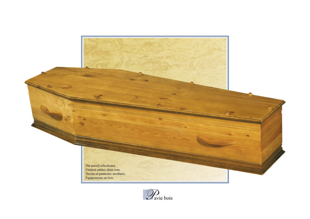 Cercueil en bois de pin massif, finition satinée.