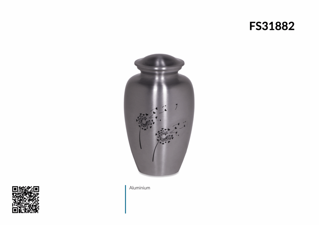 Urne funéraire en aluminium avec motifs floraux.