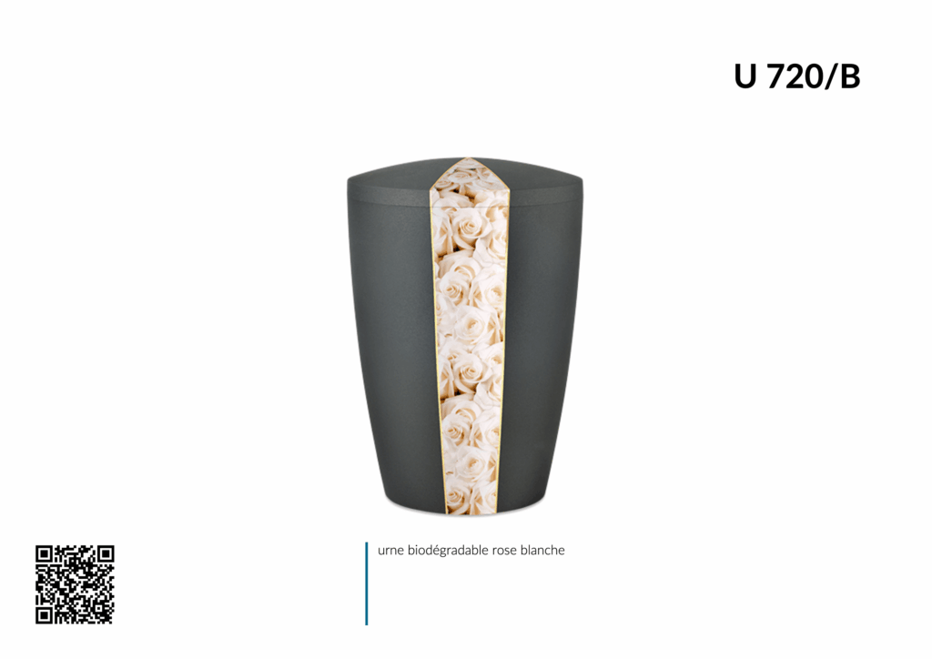 Urne funéraire grise avec motif de roses blanches.