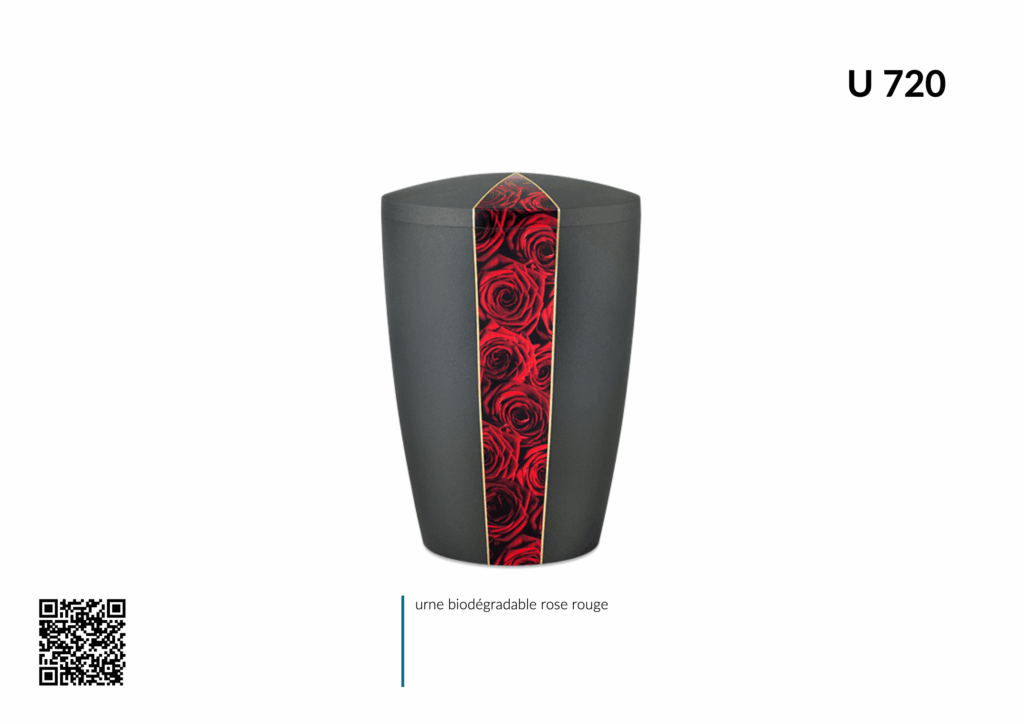 Urne funéraire biodégradable noire avec roses rouges.