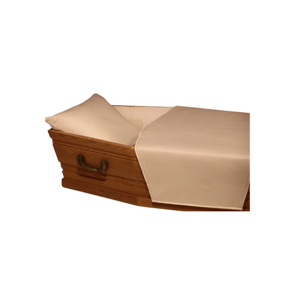 Cercueil en bois avec drap blanc et oreiller.