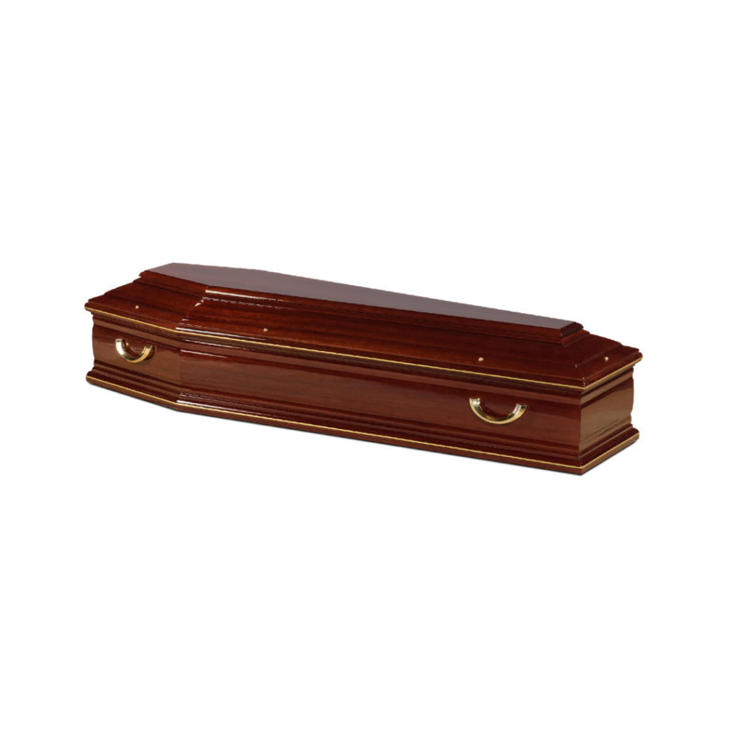 Cercueil en bois avec poignées dorées élégantes.